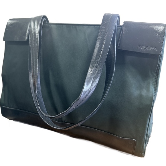 Prada Black and Green Leather and Nylon Shoulder Bag